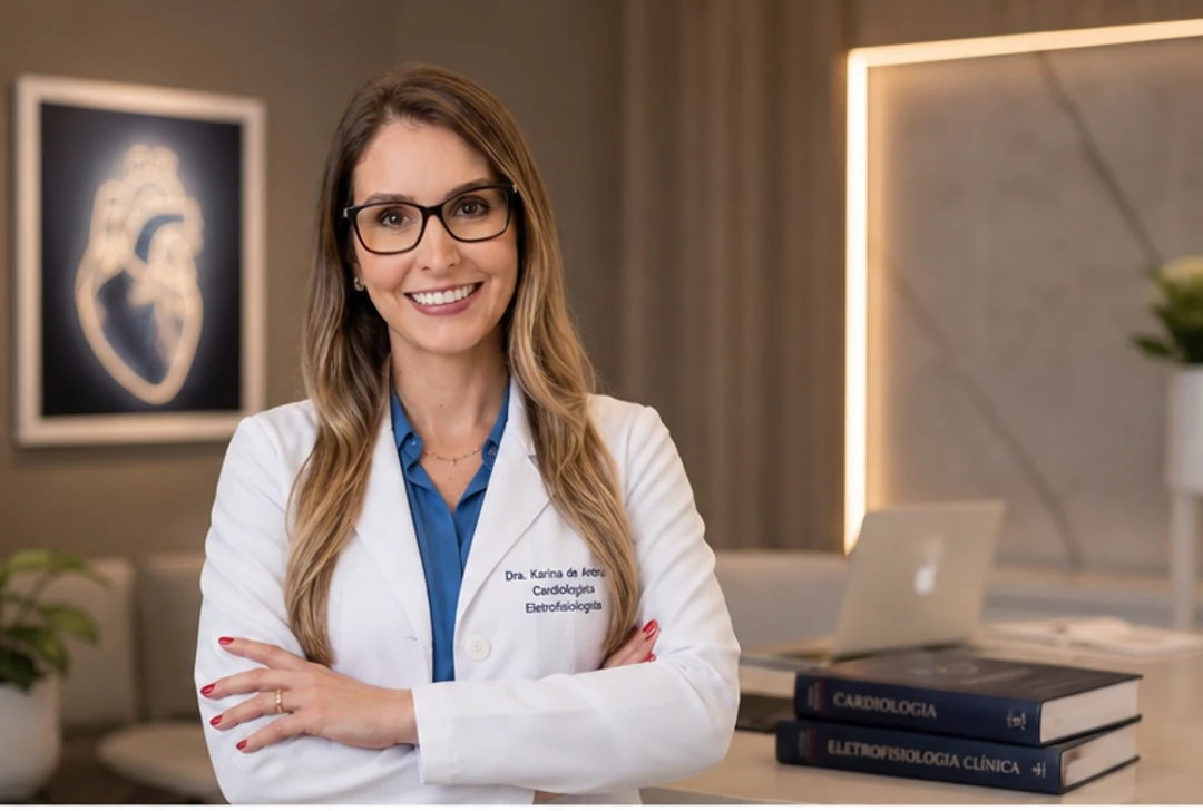 Dra. Karina de Andrade ao lado de livros de Cardiologia e Eletrofisiologia Clínica