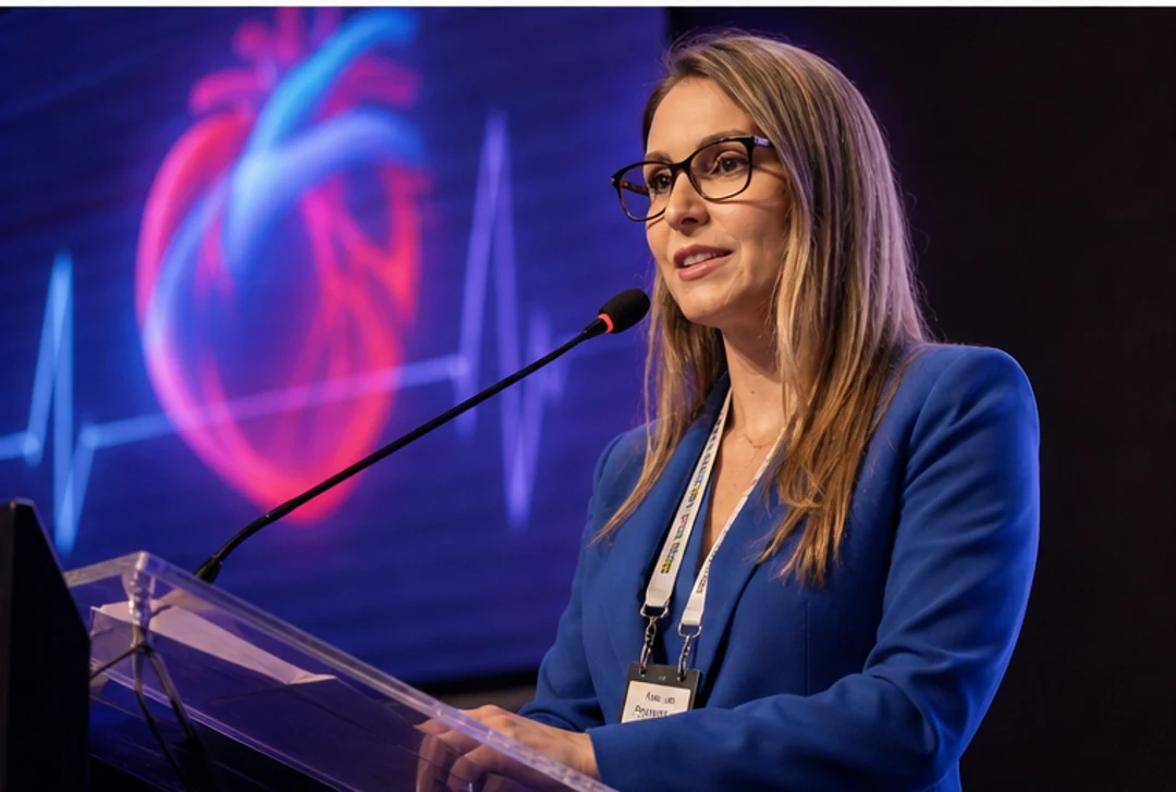Dra. Karina de Andrade em palestra científica sobre eletrofisiologia, com visualização de coração ao fundo